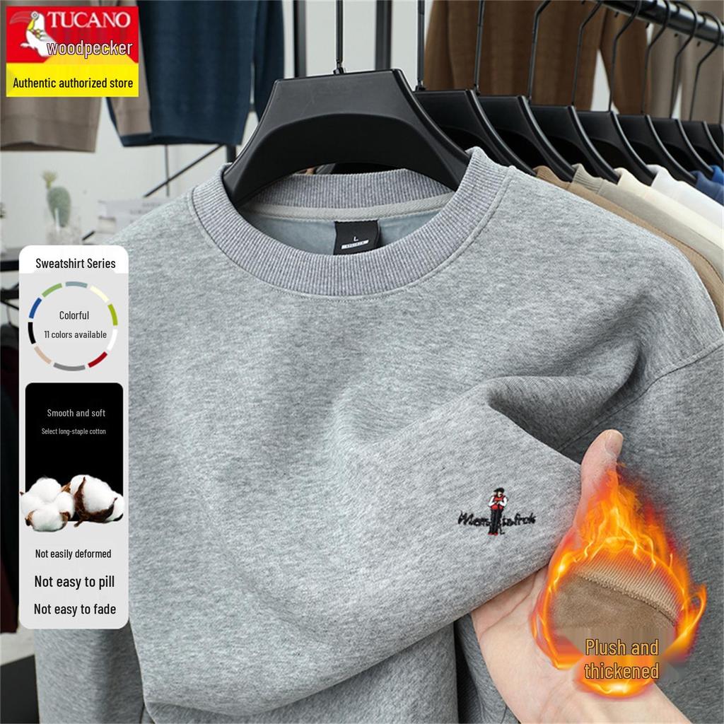 Men's Thickened Velvet Woodpecker Hoodie - Long Sleeve, Round Neck, Solid Color Cotton T-Shirt for Autumn/Winter