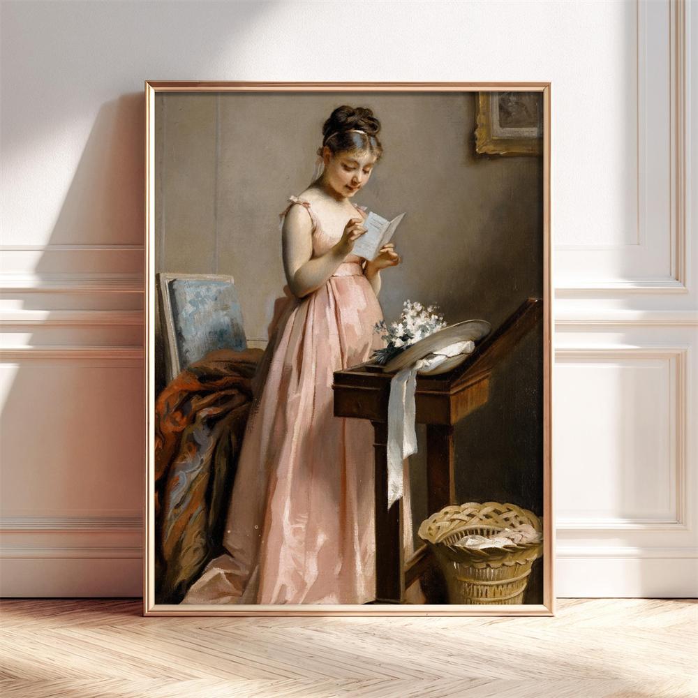 Girl in Pink Dress Romantic Oil Painting Art Print Poster Classic Art Portrait Poster Canvas Painting Woman in Black Dress Decor