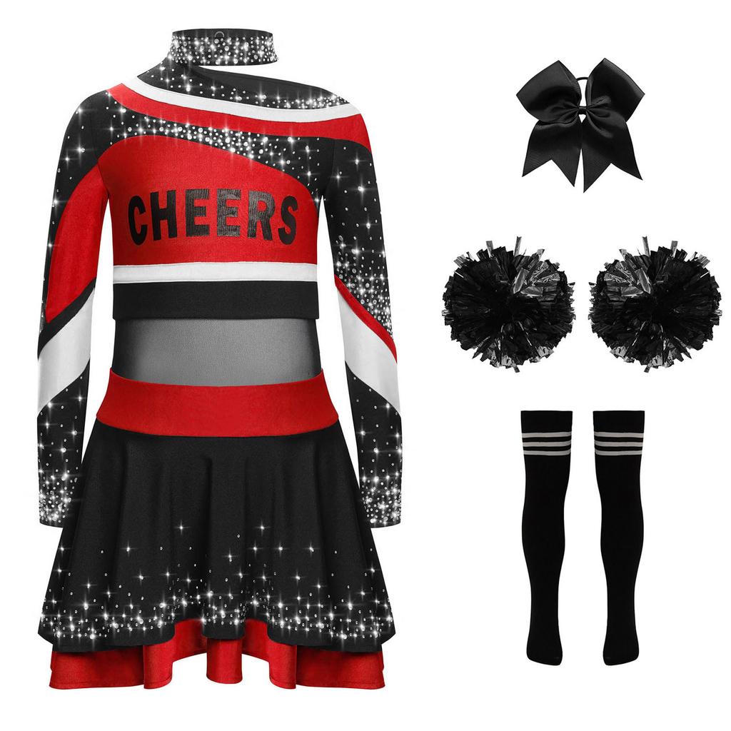 Girls Cheerleading Costume Set Long Sleeve Rhinestone Letter Print Color Block Top Skirt Bowknot Headband Striped Socks Pom Poms