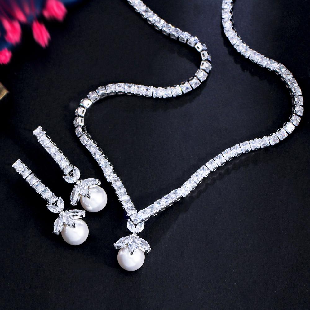 CMM Elegant Dangle Drop White Cubic Zirconia Women Party Necklace Earrings Artificial Pearl Jewelry Set