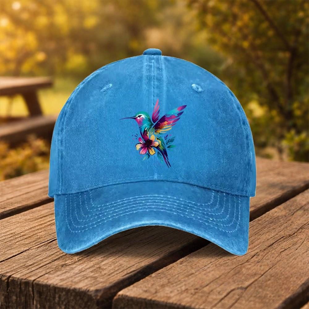 Hummingbird Floral Print Washed Denim Baseball Cap Adjustable Outdoor Casual Sports Hat
