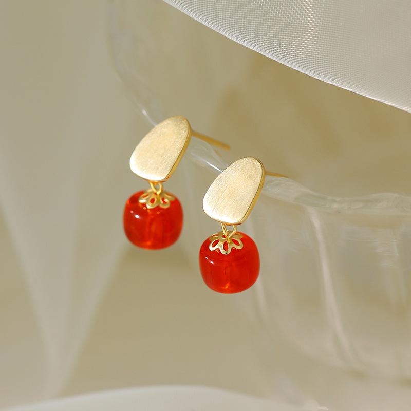Persimmon Ruyi Earrings, National Matte Creative Design, Persimmon Red Round Bead Earrings, Gentle Temperament Red Earrings