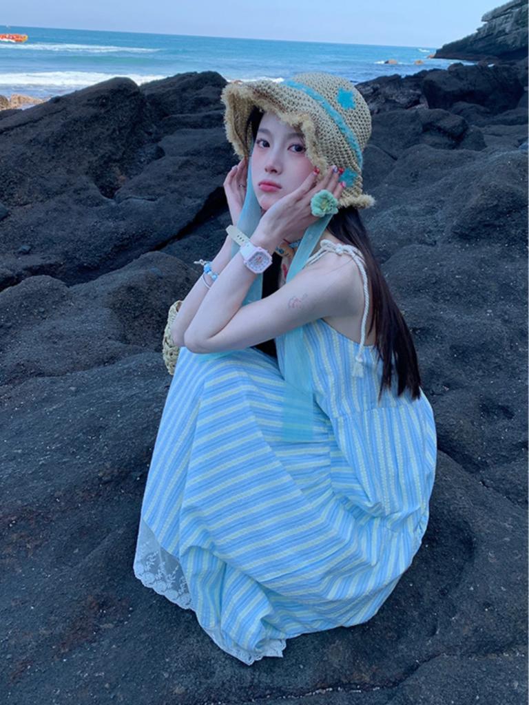 Seaside Vacation Striped Suspender Dress Children 2026 Summer New French Temperament Loose Small Long Dress