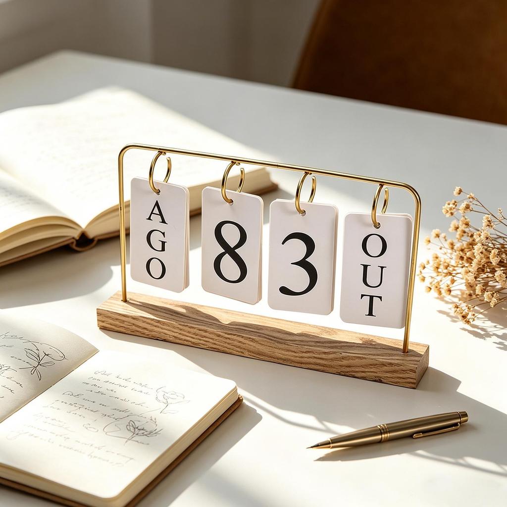 Wooden Perpetual Calendar Modern Metal Standing with Wooden Base Daily Metal Desk Calendar for Home Office Coffee Shop Study
