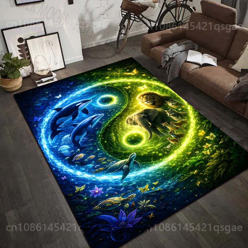 Multiple Sizes Yin Yang with Land and Sea Animals Carpet for Living Room Bedroom Sofa Home Decor Rus Non-slip Floor Mat