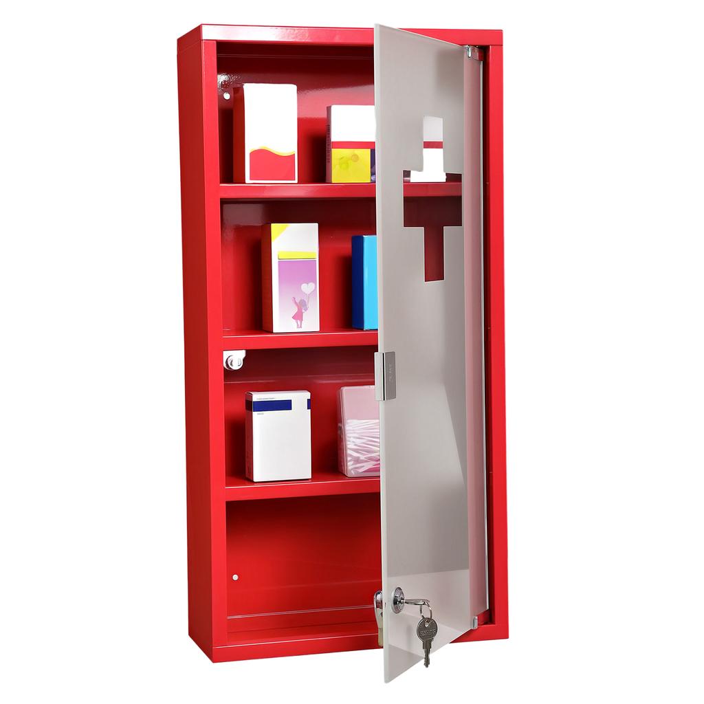 Gabinete de Medicina de Acero Rojo Montado en Pared con 3 Estantes + Puerta de Cristal de Seguridad con Cerradura 60 cm(H)