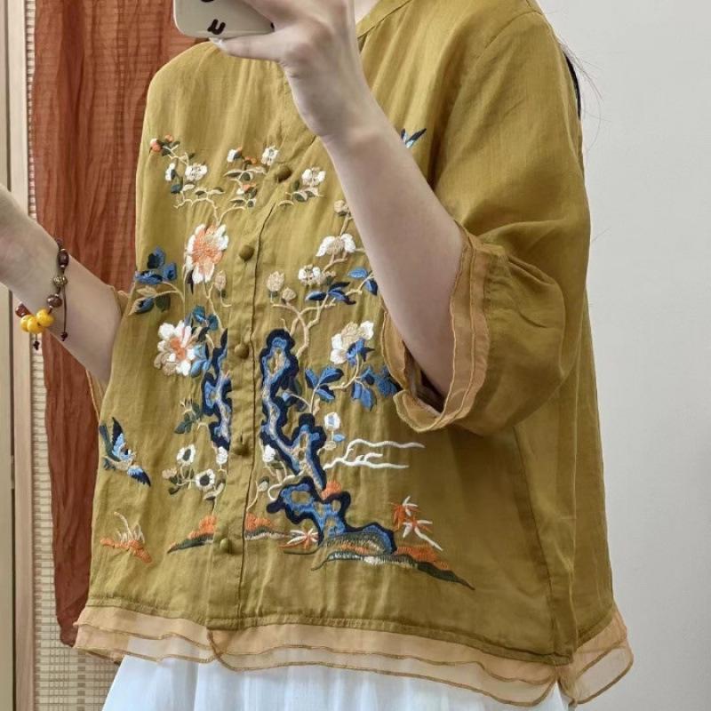Embroidered Patchwork Cardigan - New Chinese Style Button-Up Shirt