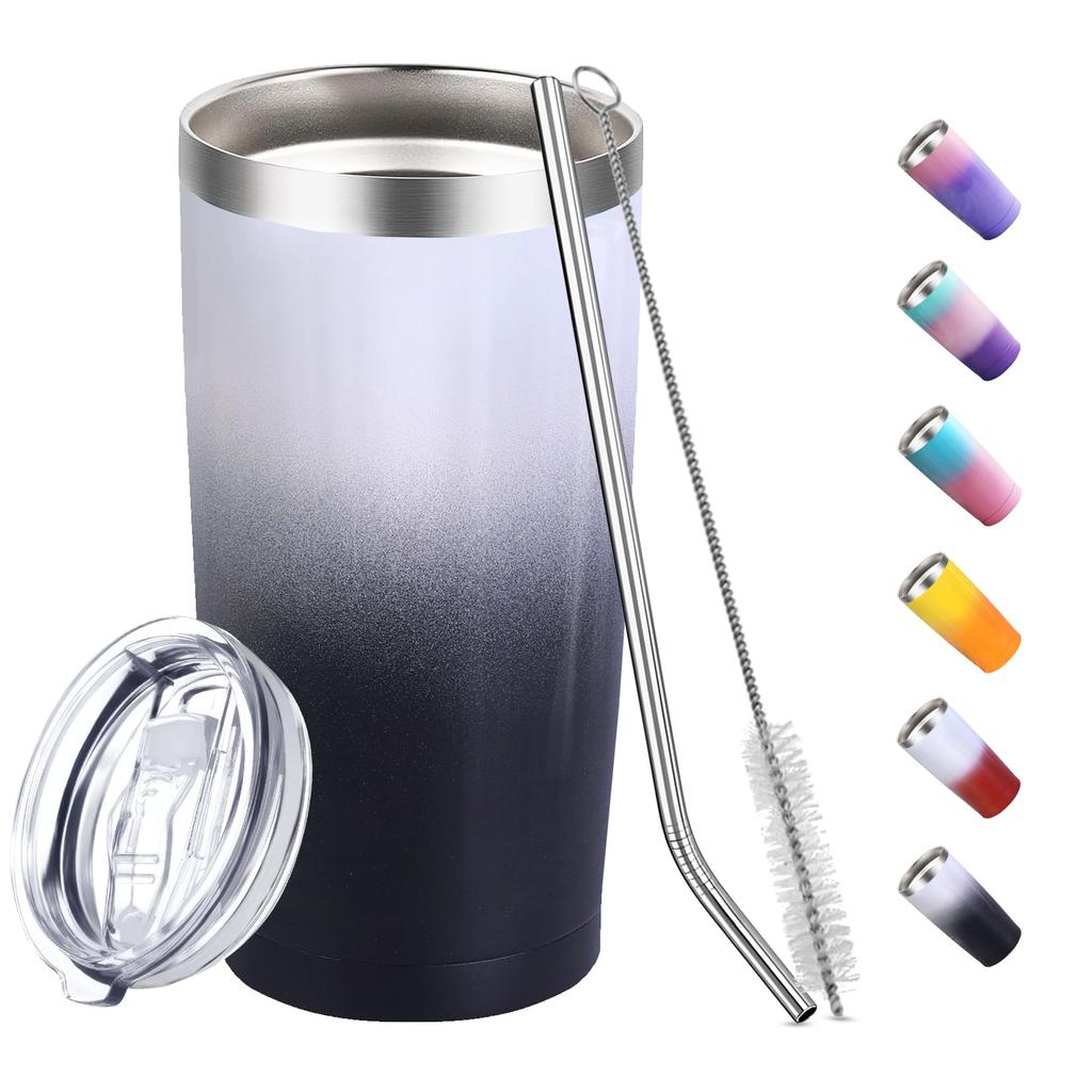 Spill-proof tumbler, vacuum insulated, keeps hot or cold drinks hot, with straw, lid, stainless steel bottle, wide mouth, direct drinking,