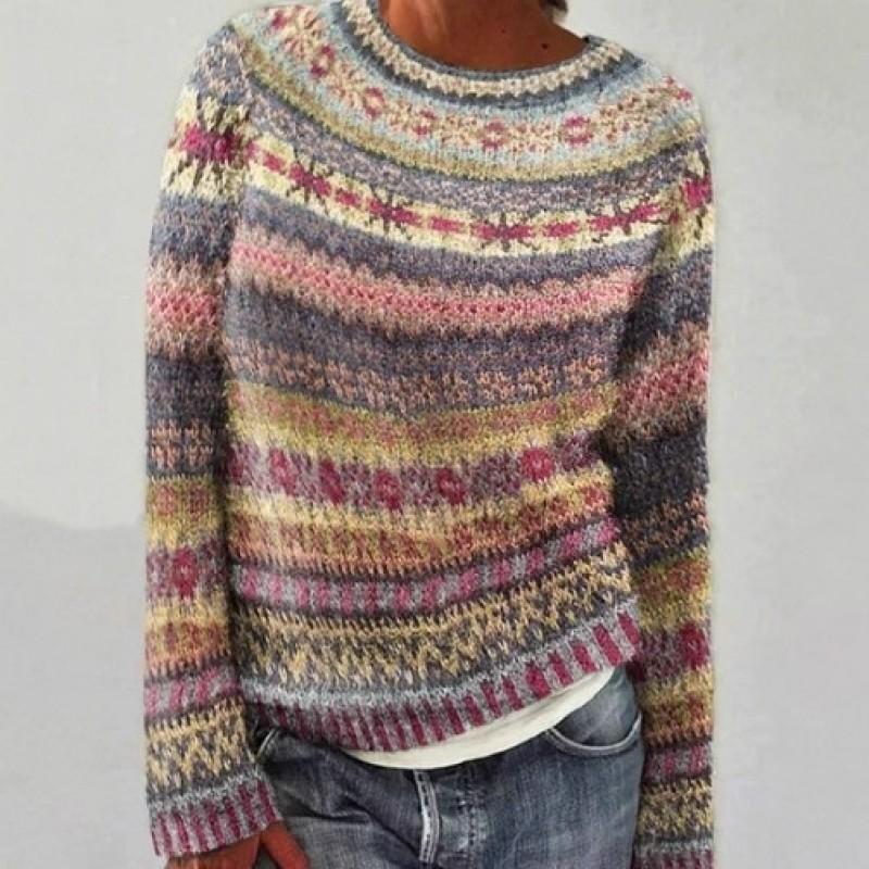 Womens Oversized Round Neck Knit Sweater With Color Block Design Loose Fit Pullover 2025