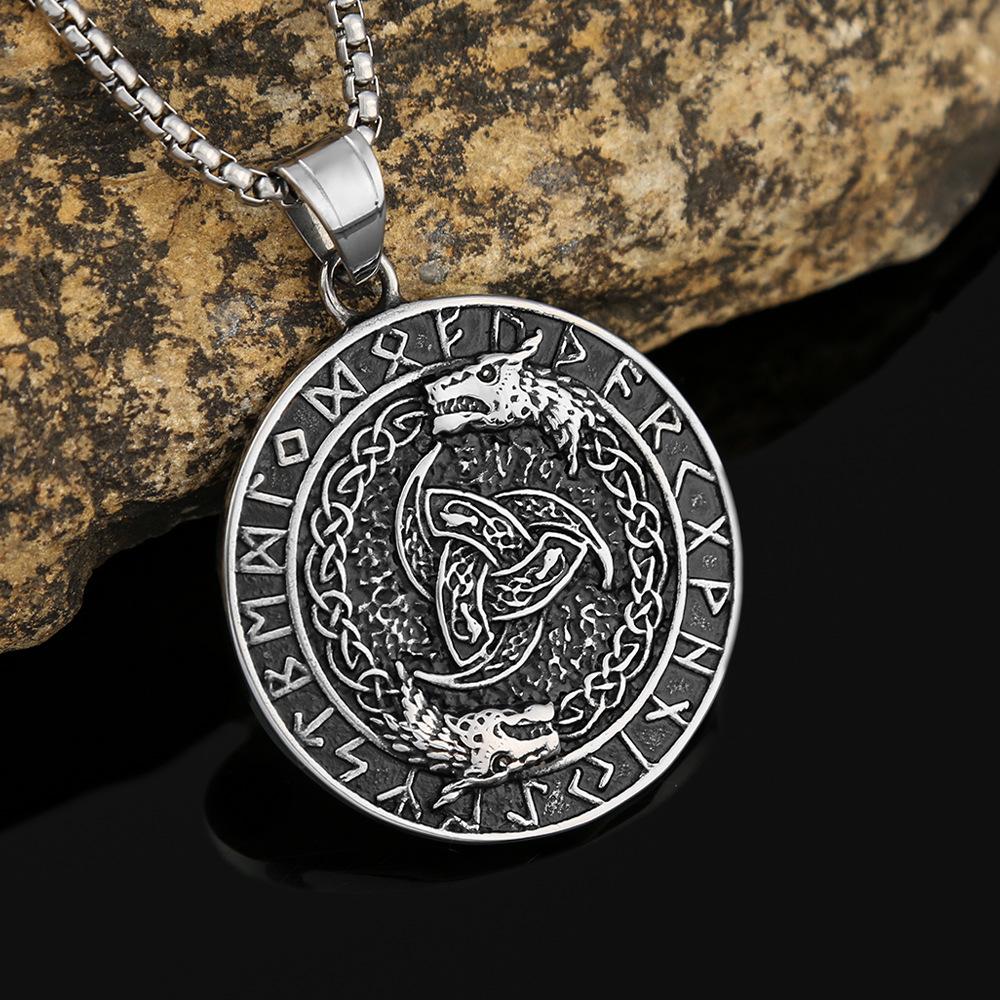 Accessories European and American Retro Titanium Steel Necklace Stainless Steel Viking Jiaolong Odin Rune Pendant