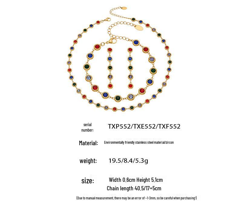 Elegantes Armband- und Halskettenset aus 5A-Zirkonia-Edelstahl mit farbigen Diamantquasten-Ohrringen