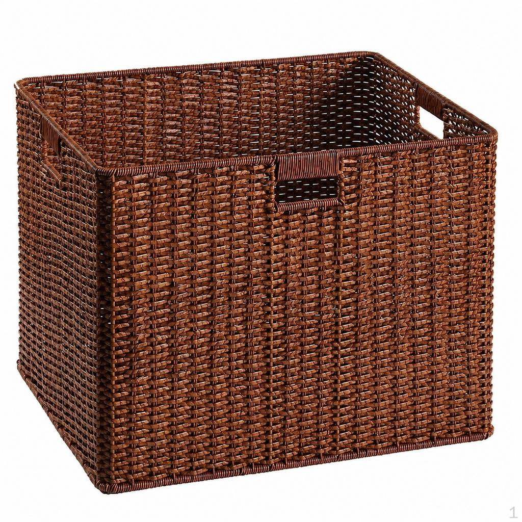 Woven Storage Baskets, Rectangular Wicker Basket with CutOut Handles, Tan Synthetic Rattan for