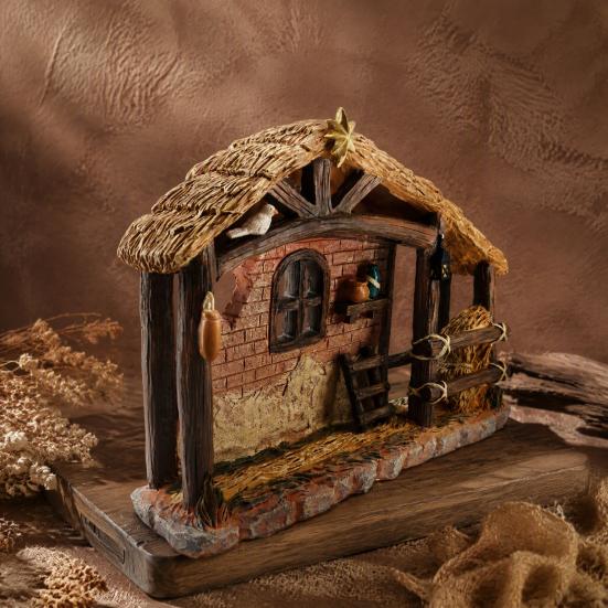Christmas Nativity Scene Decor Manger House Ornament with Warm Lights, Retro Resin Stable Decorative Figures Figurine, Rustic Religious Display Props