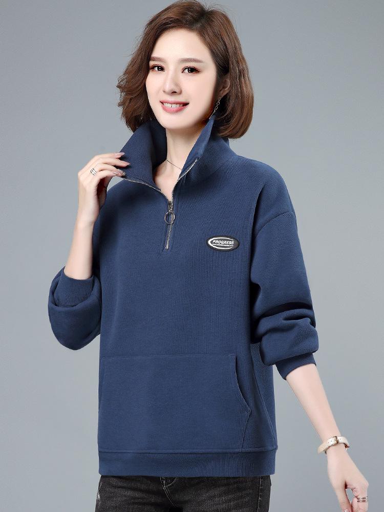 Women's Plus Velvet Thickened Half-Zip Pullover - 2023 Autumn/Winter Fashionable Loose Stand-Up Collar Sweatshirt