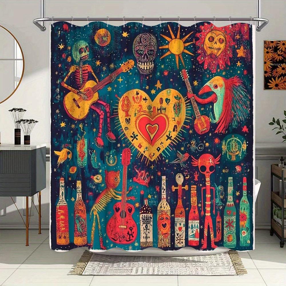 

Vibrant Day of the Dead Shower Curtain - Waterproof, Mildew-Resistant with Colorful Skeletons and Heart Design Decor W90XH180cm