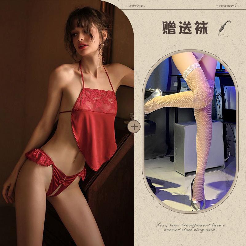 Sex lingerie sexy retro lace seduction belly pocket open crotch lace-up set