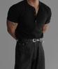 Baulopeulodeogteu Pattern Muscle Henley Neck Short Sleeve Knit Tee [Black]