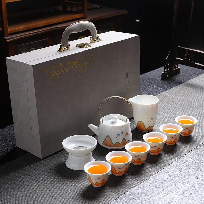 Wanli Shanhe suet jade tea set, high-end gold-painted household Kung Fu tea, white porcelain teapot, simple gift box