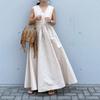 Elegant V-Neck Sleeveless Midi Dress With Pleated Skirt High Waist Cotton Linen Blend Women Office Chic