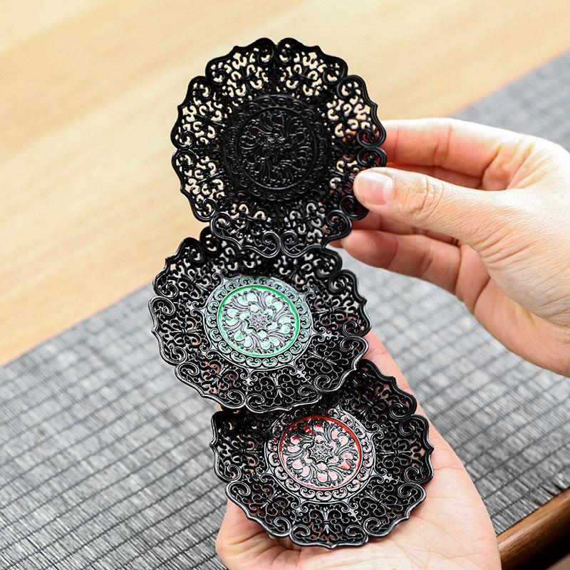 Japanese style cup holder, alloy tea cup pad, circular insulation pad, retro kung fu tea cup holder, tea ceremony accessories