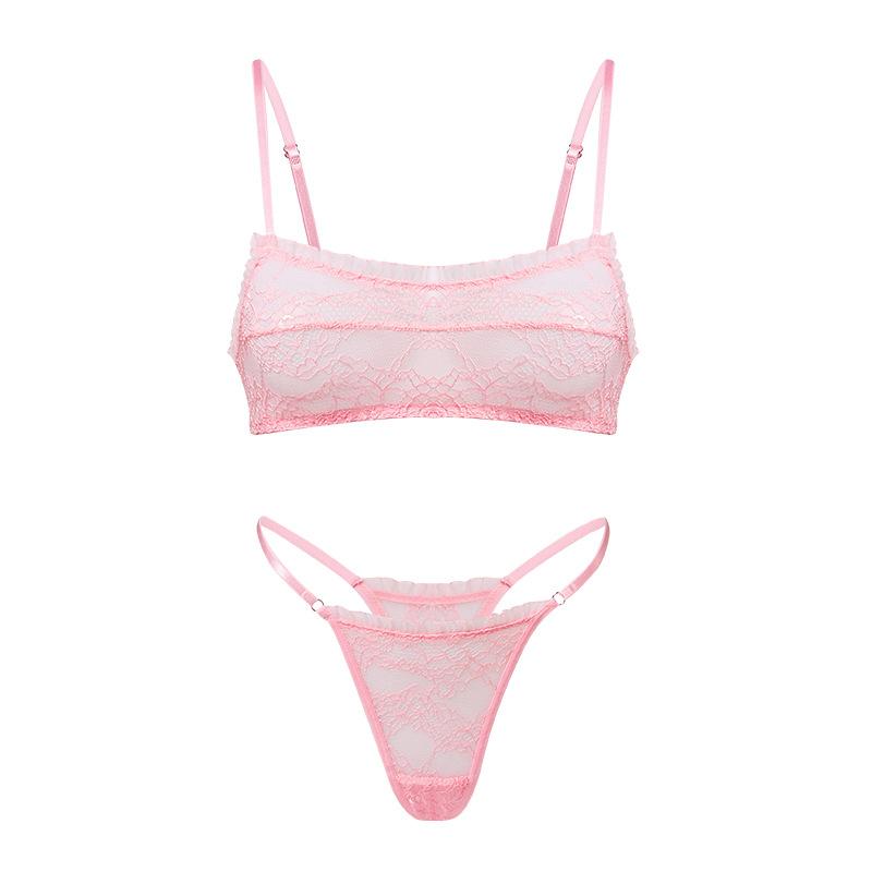 

French lace T-word underwear for women, large size upper support gathers sexy women s bra without steel ring L рожевий