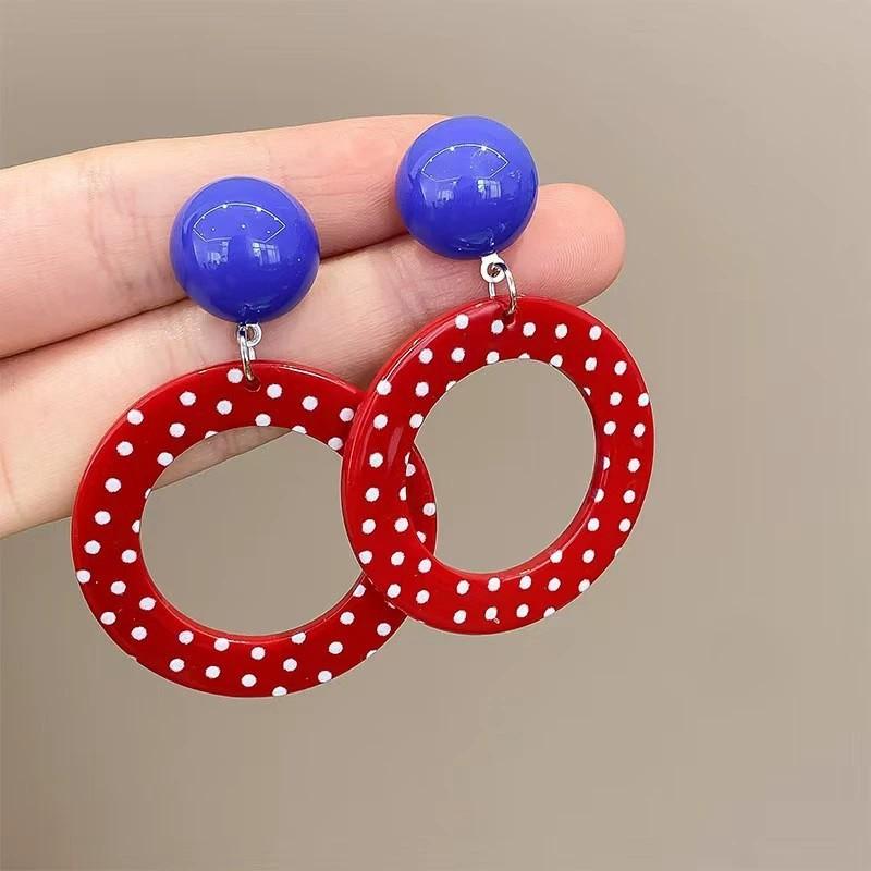 New Vintage Color Blocking Y2k Dopamine Fashion Polka Dot Drop Geometric Earrings for Women Sweet Acrylic Jewelry Accessories