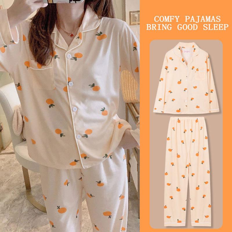 Spring And Autumn Pajamas Women'S Cardigan Long-Sleeved Trousers Korean Girls' Simple Cartoon Loungewear Suit Can Be Worn Outside