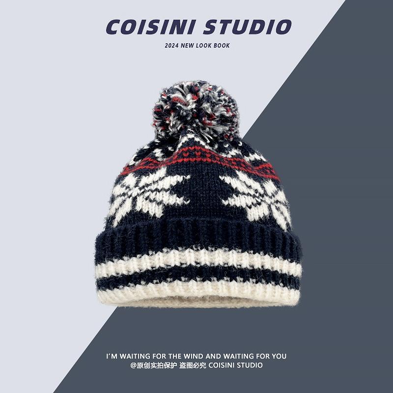 Koreanische Version des Retro-Fair-Island-Stil-Strickmützen-Paares, verdickt, warm, Weihnachten, Schneeflocken-gestreifter Pulloverhut