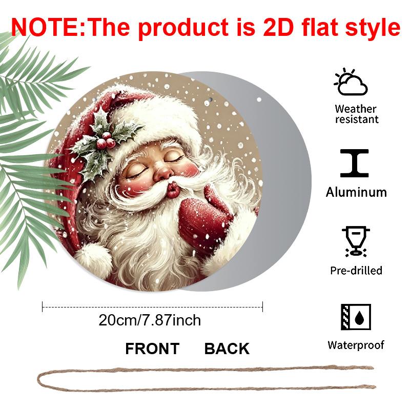 2D Flat, Whimsical Santa Round Aluminum Decor Sign, Country Style Holiday Wall Art, Featuring Cute Santa & Snowflake Patterns, Pre-Drilled for Easy