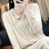 Women's 100% Pure Wool Embroidered Cardigan - Soft, Loose, Solid Color Knit Sweater for Autumn and Winter.