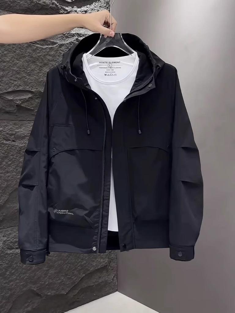 Men'S Spring Hooded Jacket New Fashion Trend Versatile Casual Youth Solid Color Ruffian Handsome Tooling Jacket