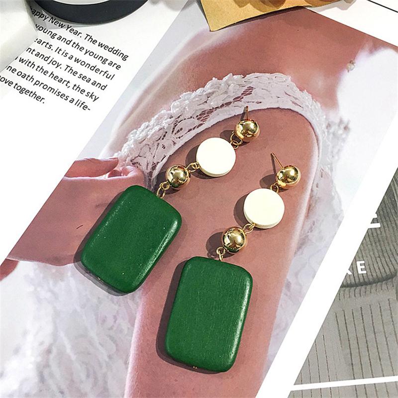 Green Square Pendants Wooden Hanging Earrings for Women Bohemian Long Exaggerated Drop Earrings Trendy Fashion Ear Zircon