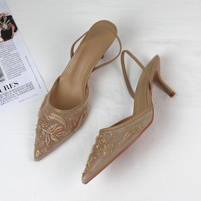 Luxury  High Heels Women Sandals Mesh Embroider Elegant Pointed Ladies Slingback Evening Party Wedding Bridal Dress Shoes