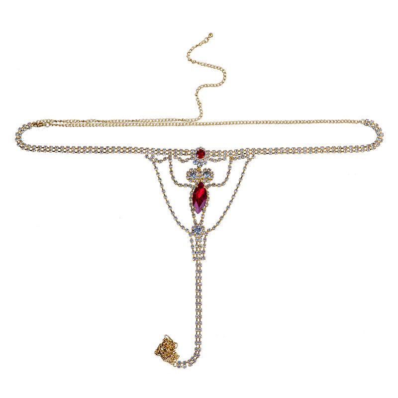 European & American Sexy Rhinestone Ruby Thong Bikini Body Chain for Women