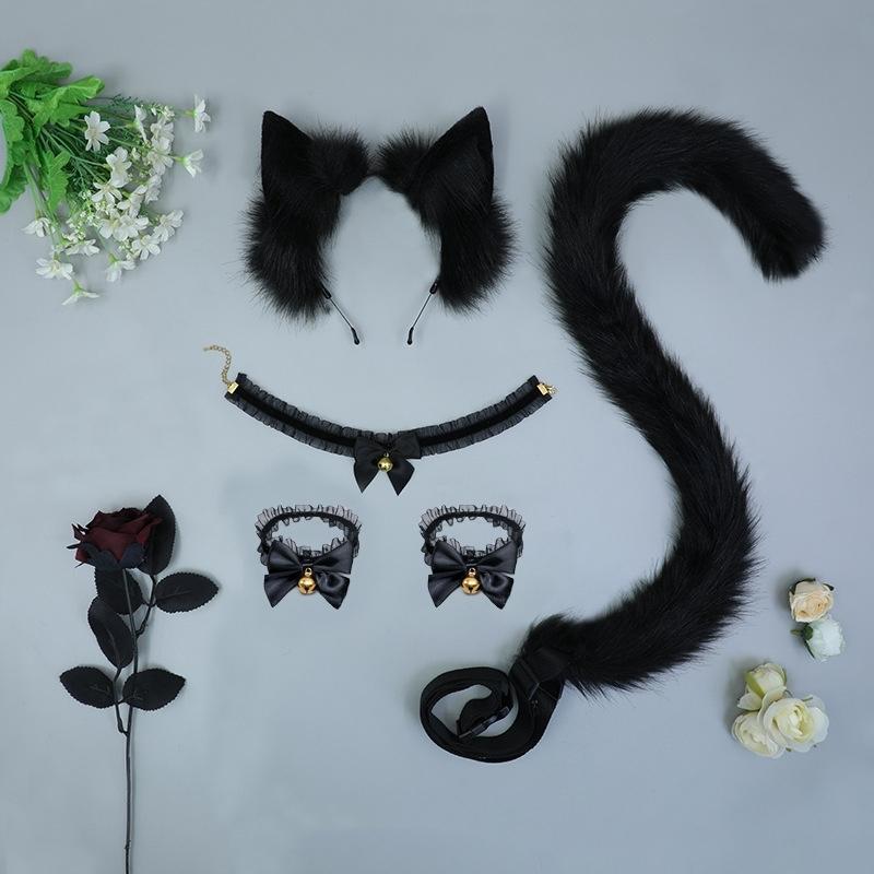 5 Stück Sexuelles Simulations-Tierohren-Set mit süßem Schwanz, Spitze, Handglöckchen, Halsglöckchen, Auf Lager, Plüsch-Cosplay-Requisiten, Kopfschmuck, Haarschmuck