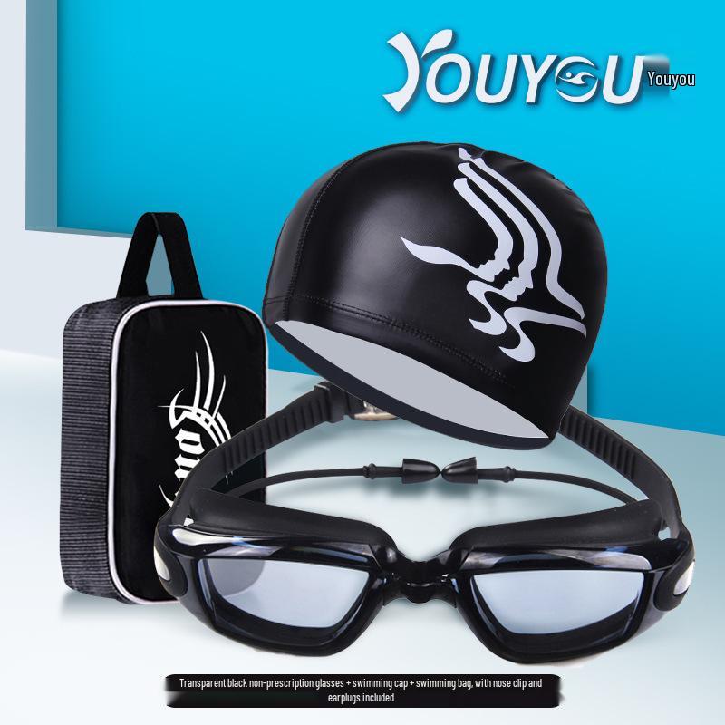 Youyou Anti-Fog HD Waterproof Swimming Goggles & Cap Set for Men and Women - Fashionable Adult Eye Protection.