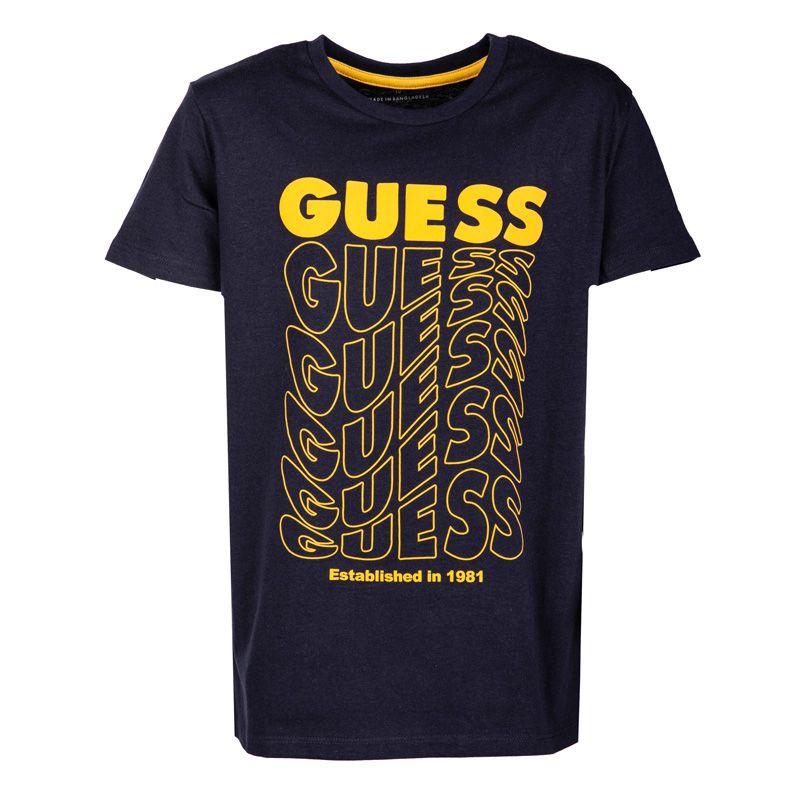 

Детская желтая футболка с короткими рукавами и повторяющимся логотипом GUESS