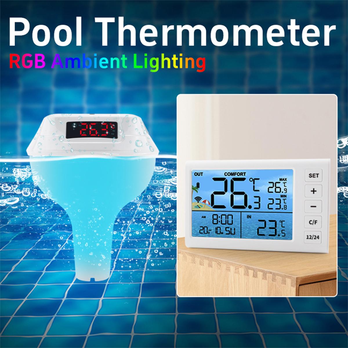 2025 New Wireless Floating Pool Thermometer Solar Pool Thermometer LED Digital Water Thermometer RGB Ambient Light rosa
