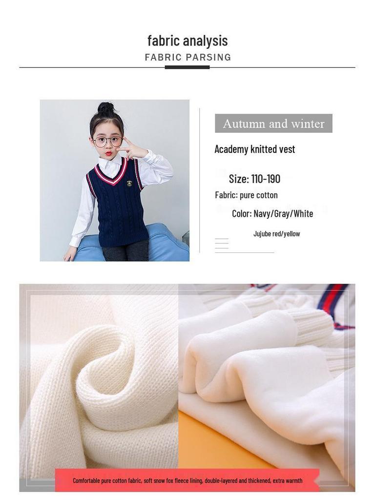 Dziecięca kamizelka preppy z podszewką z polaru - Ciepły sweter mundurek szkolny dla chłopców i dziewcząt