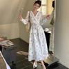 Spring Holiday Crochet Lace Embroidery Hollow Out Floral Print Party Dress Women's Long Sleeve Pearl Buttons Up Belt Clothing