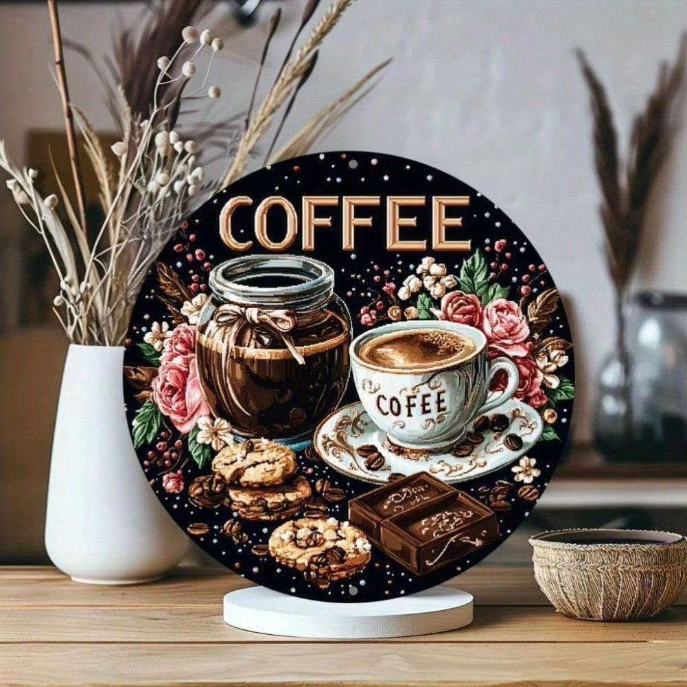 Round Vintage Aluminum Coffee Metal Sign with Floral Decor for Kitchen Wall Living Room Office Party Decoration