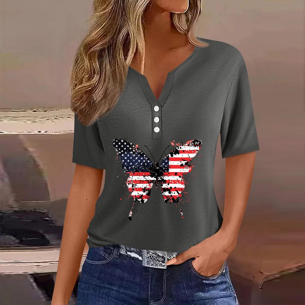 Women's T Shirt Tee Independence Day Print Button Short Sleeve Daily Weekend Fashion Basic V-Neck Regular Top