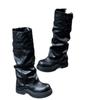 Pleated Boots Pants Tube Versatile Knee Belt Buckle Pile Boots Skinny Black But Big Head Muffin Thick Sole Knight Boots