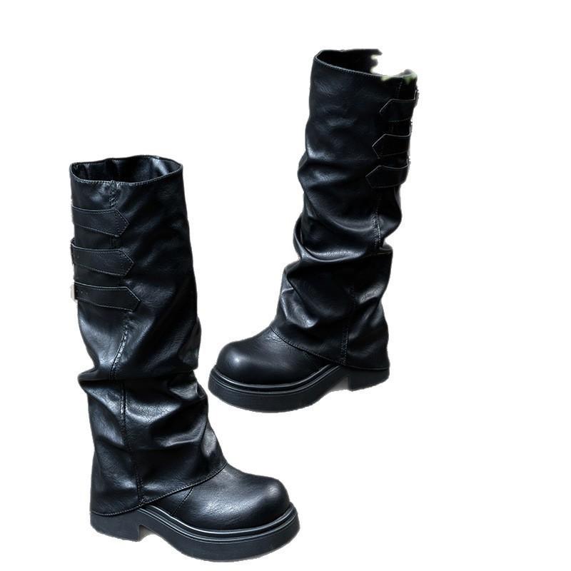 Pleated Boots Pants Tube Versatile Knee Belt Buckle Pile Boots Skinny Black But Big Head Muffin Thick Sole Knight Boots