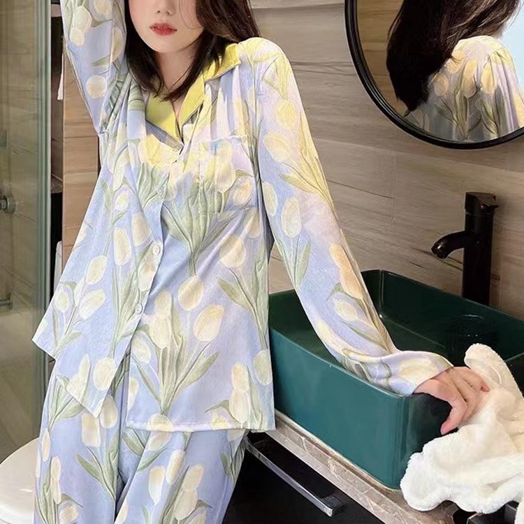 Ice Silk Pajamas Women Long Sleeve Lace Green Premium Sense Two Piece Sweet Homewear Love Blue
