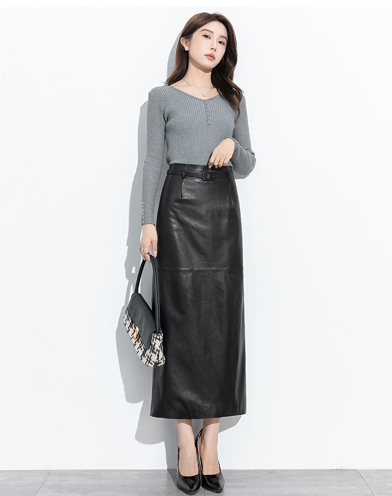 Women's Korean Style Lambskin Midi Skirt with Back Slit - Genuine Leather, Versatile, Hip-Hugging, One-Piece Long Skirt for Spring and Autumn.