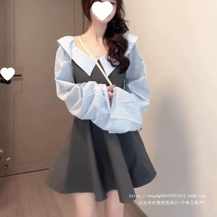 One-word long-sleeved lantern sleeve dew short skirt student summer new striped fake two-piece dress