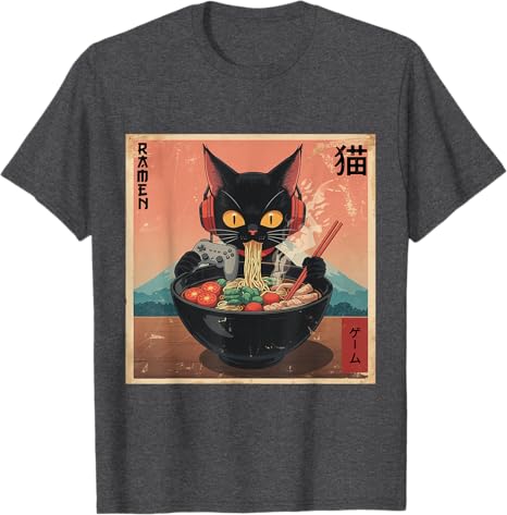 Cute Kawaii Gamer Cat Funny RaUnisex Retro Japanese Cat Gaming TShirt Y2k Kitty Controller Cartoon Graphic Tees Kitten Eat Noodles