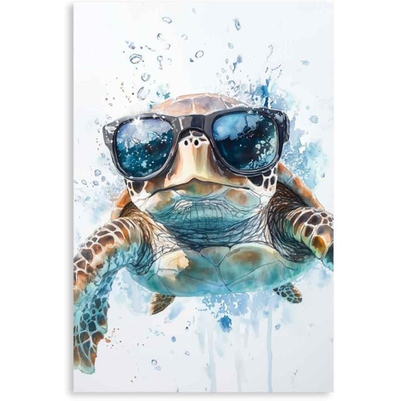 YMXZHUANSH Sea Turtle Canvas Wall Art for Bathroom Turtles with Glasses Pictures Funny Turtle Painting for Home Decor Unframed(White 12.00" x 18.00")