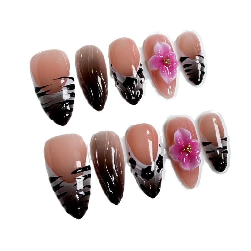 3D Floral Embossed Press-On Nails Sweet French Style Almond Shape Gel-Like Transparent Nail Tips Women